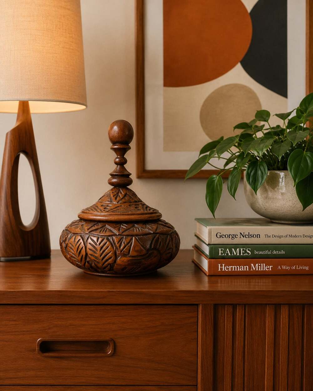 Vintage Hand-Carved Wooden Lidded Bowl with Finial, Geometric Leaf Pattern
